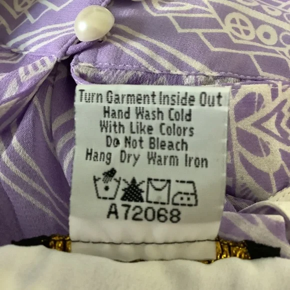 VINTAGE BOB MACKIE WEARABLE ART 100%SILK LILAC MEDIUM BLOUSE RARE ROMAN… - Picture 11 of 11